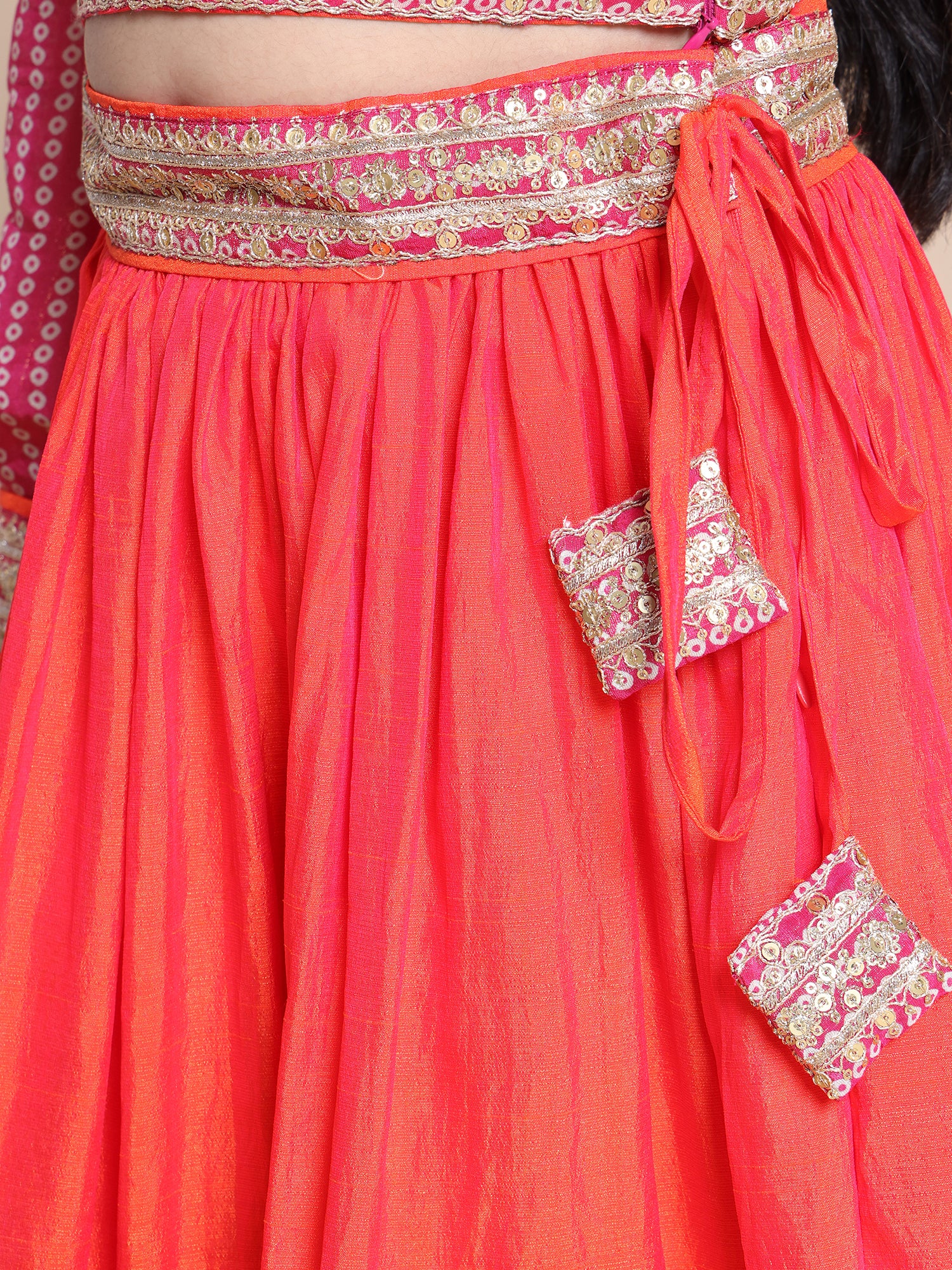 Choli and Skirt with Potali in Soft Silk and Chiffon Jaipuri Print