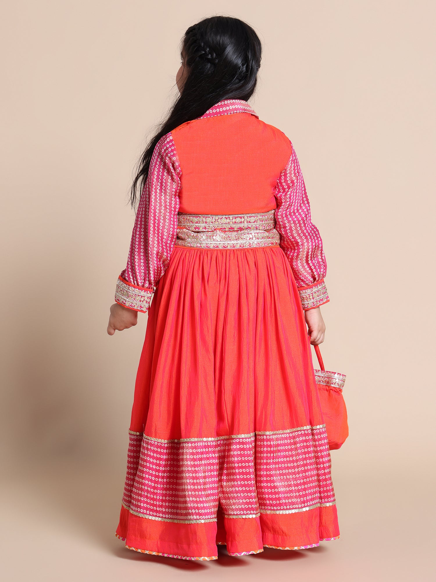 Choli and Skirt with Potali in Soft Silk and Chiffon Jaipuri Print