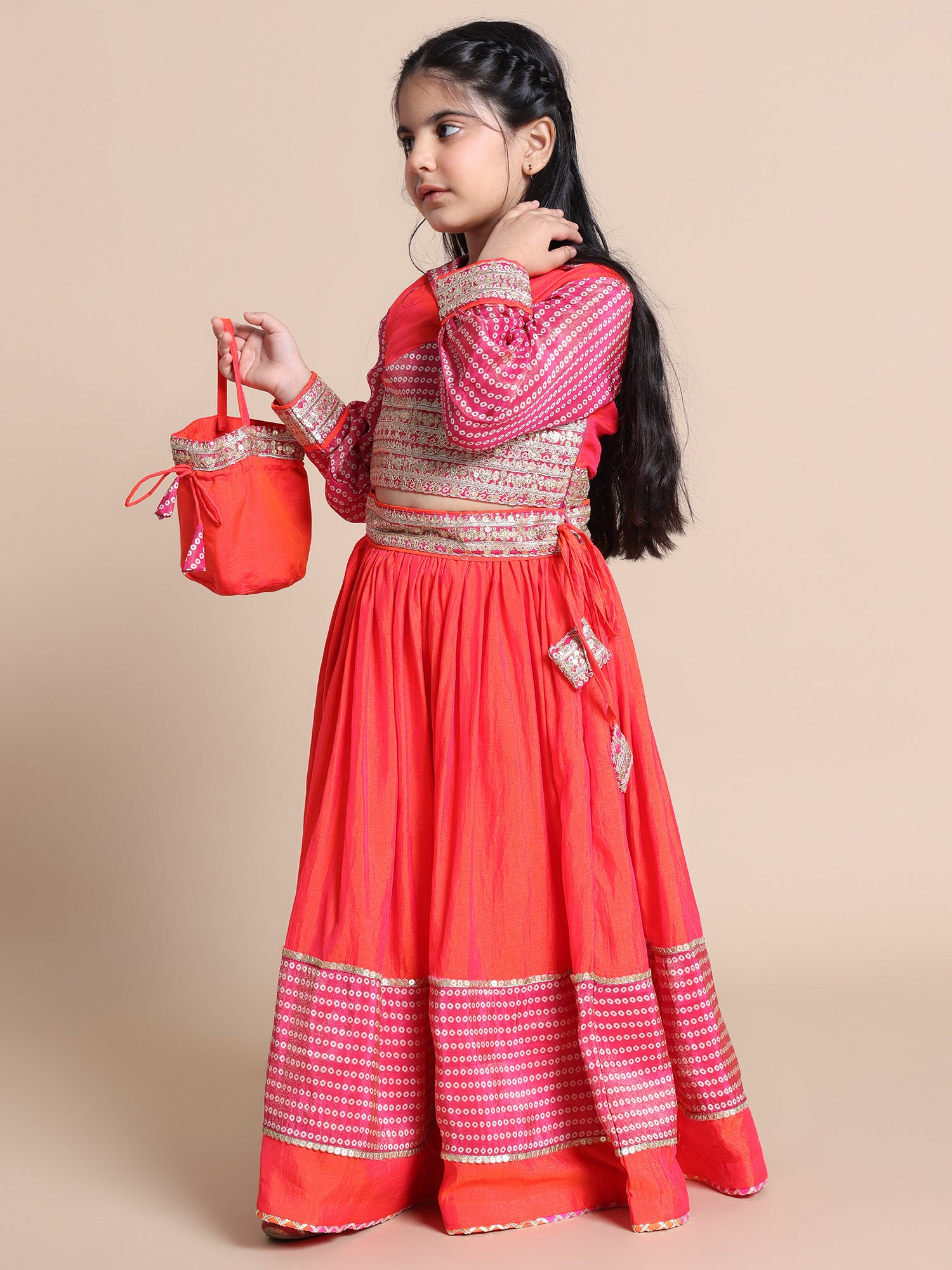 Choli and Skirt with Potali in Soft Silk and Chiffon Jaipuri Print