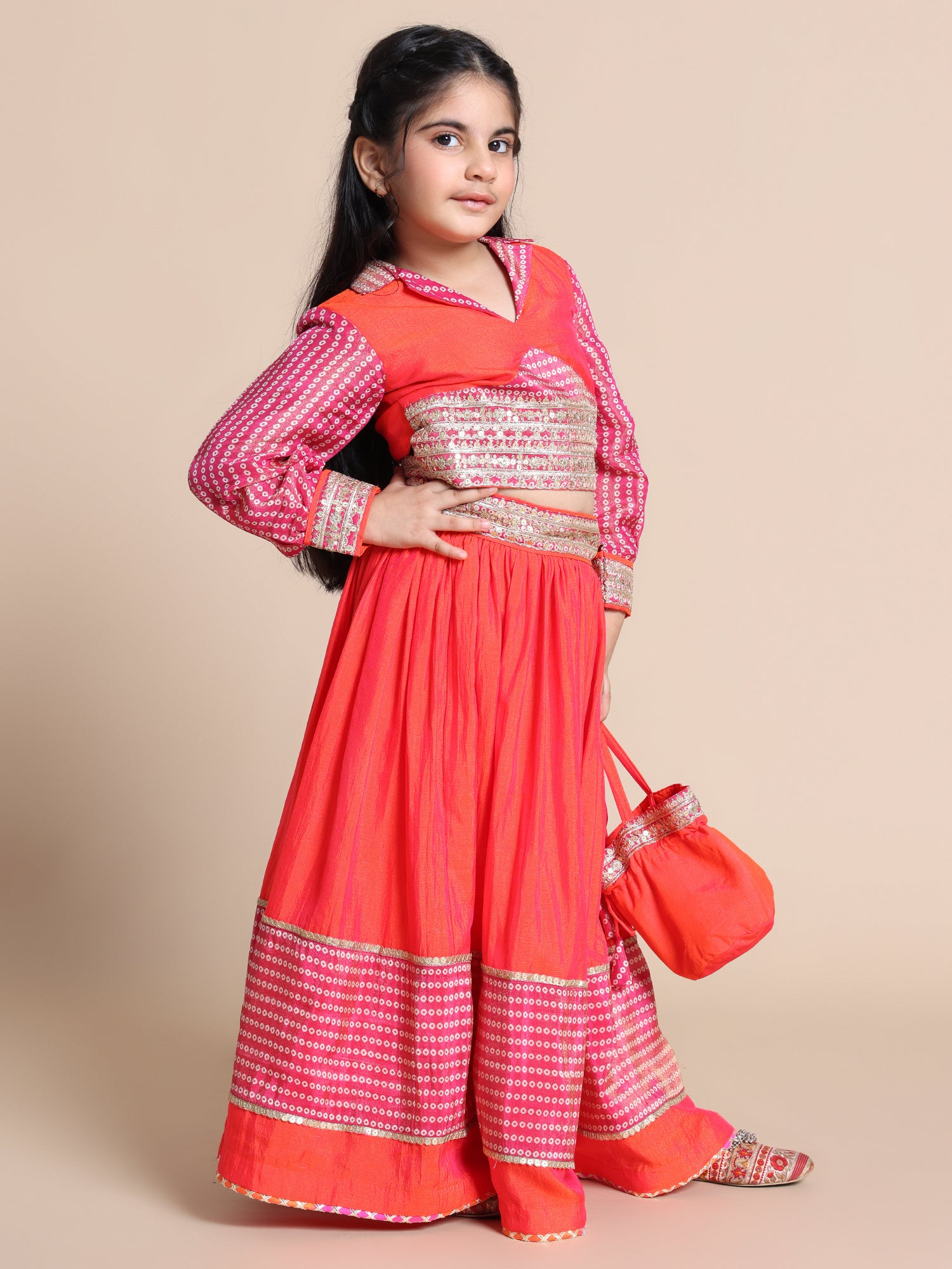 Choli and Skirt with Potali in Soft Silk and Chiffon Jaipuri Print