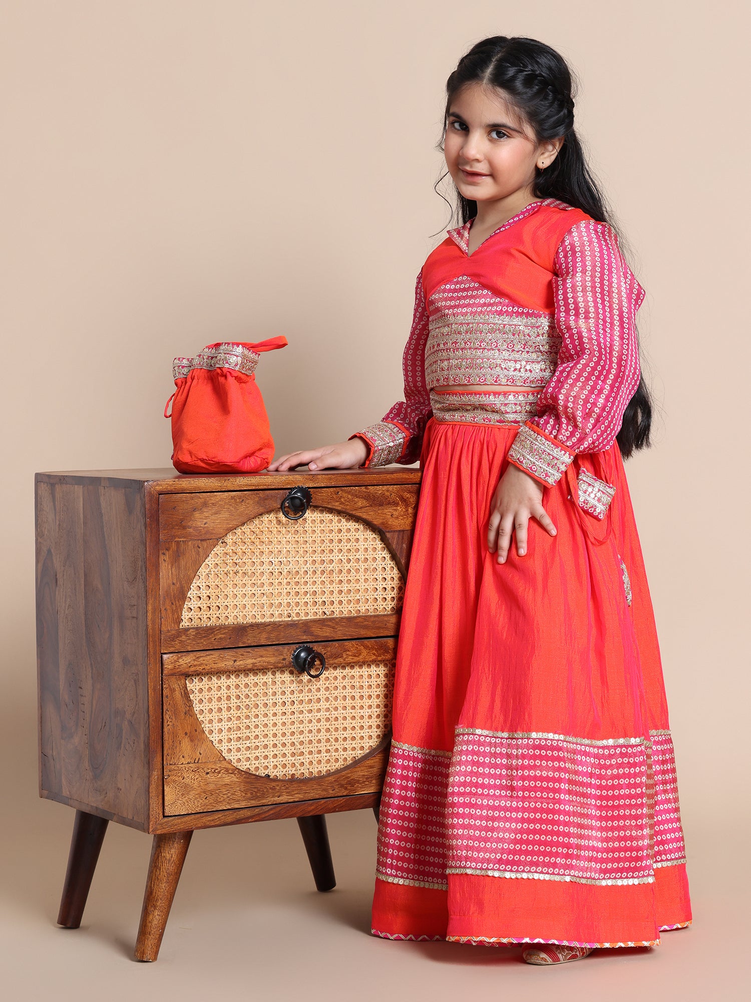 Choli and Skirt with Potali in Soft Silk and Chiffon Jaipuri Print