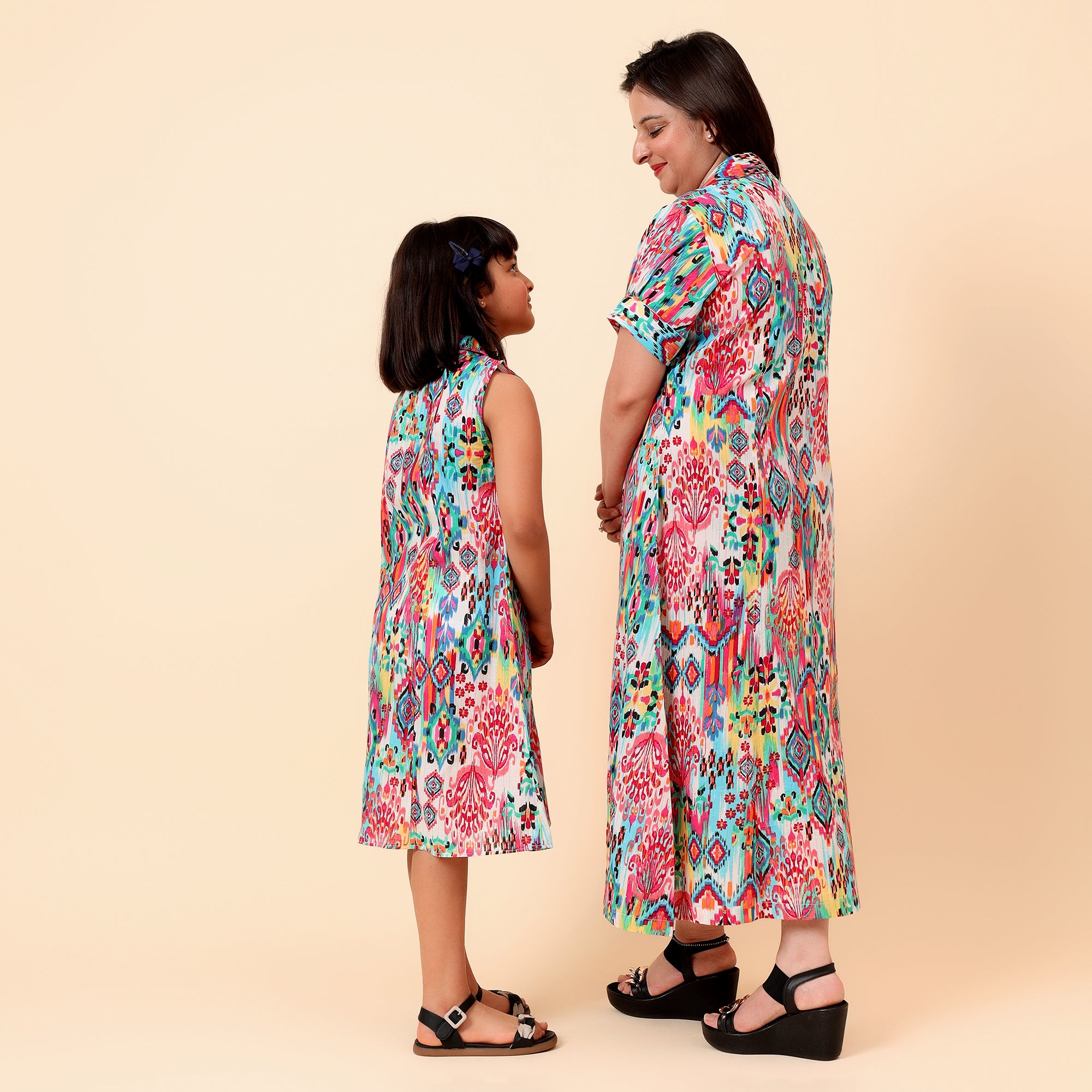 Mom & Daughter Multicolour Abstract Print Shirt Collar A-Line Midi