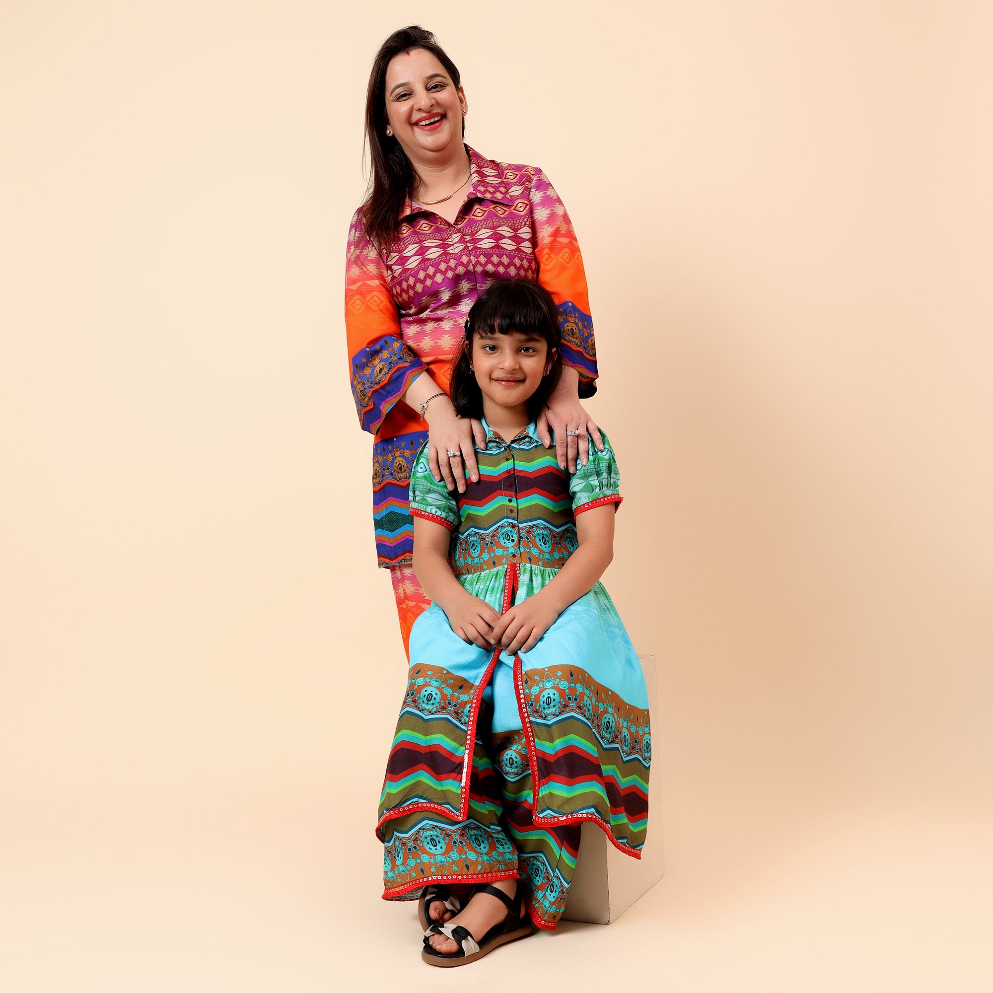 Mom & Daughter Printed Tunic with Trousers Ethnic Co-Ord Set