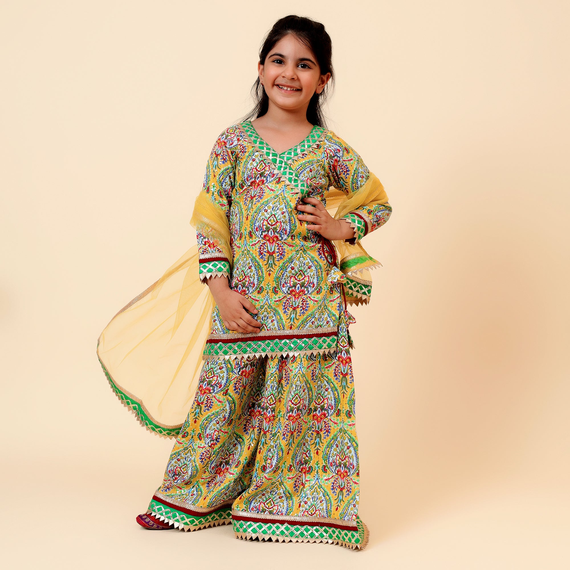 Multicolour Sequence Cotton Gotta Patti Sharara Set with Dupatta