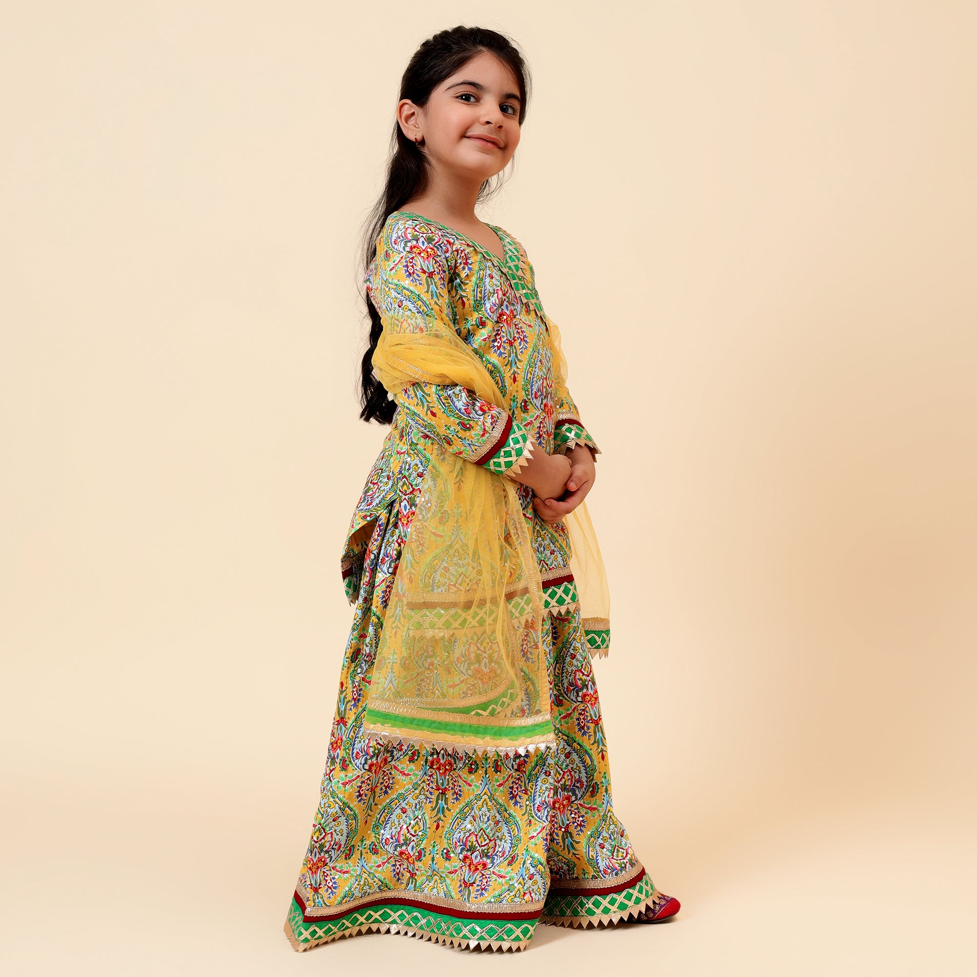 Multicolour Sequence Cotton Gotta Patti Sharara Set with Dupatta