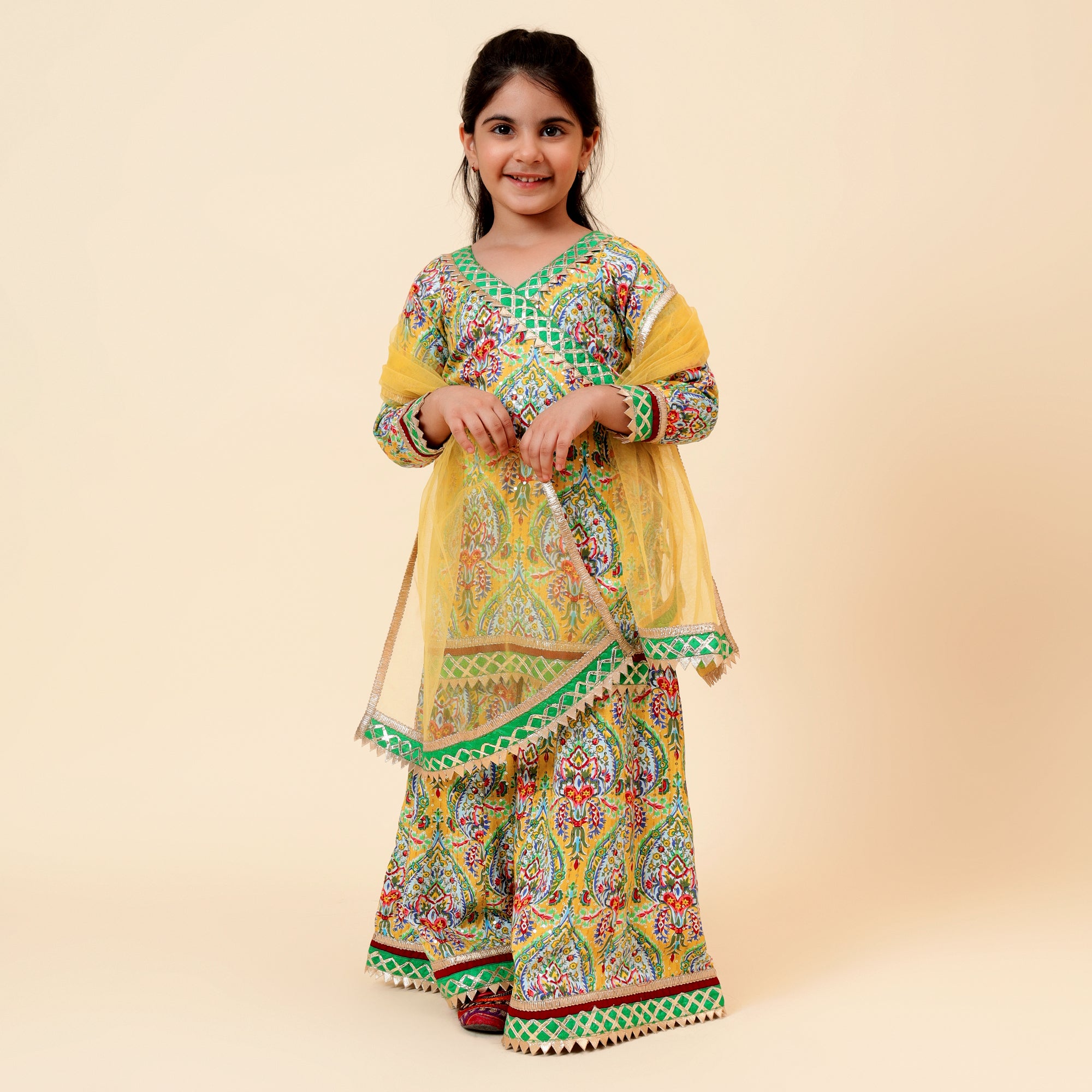 Multicolour Sequence Cotton Gotta Patti Sharara Set with Dupatta