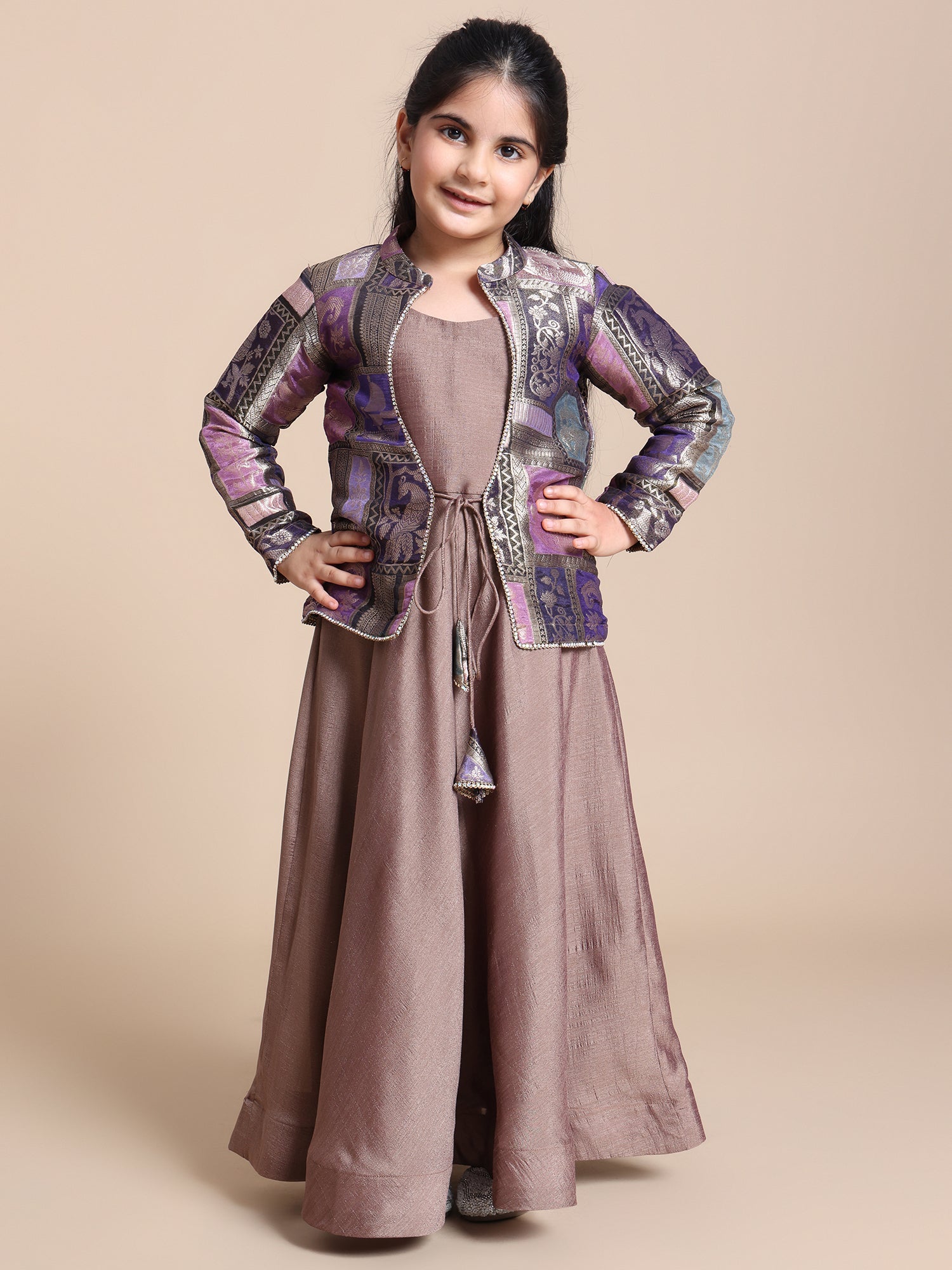 One-Piece Soft Silk Dress with Brocade Jacket