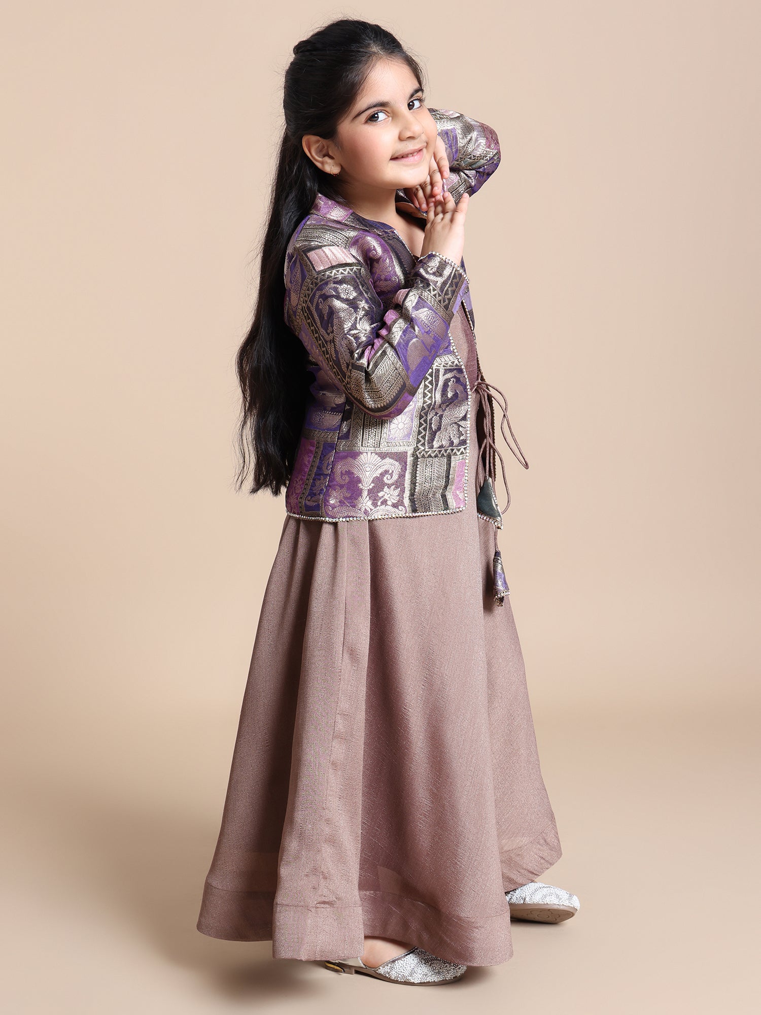 One-Piece Soft Silk Dress with Brocade Jacket