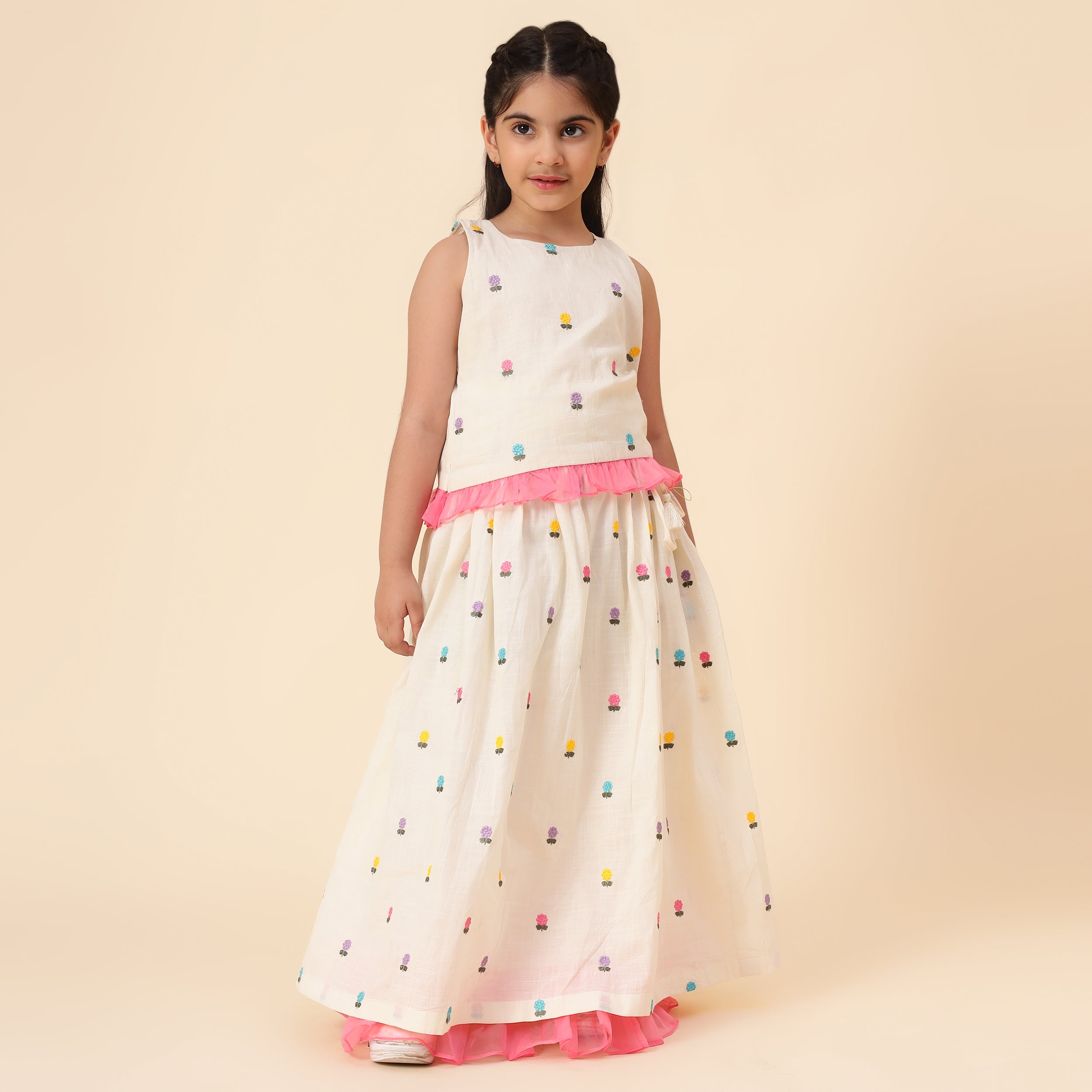 Pure Cotton Embroidery Work Lehenga - White and Pink