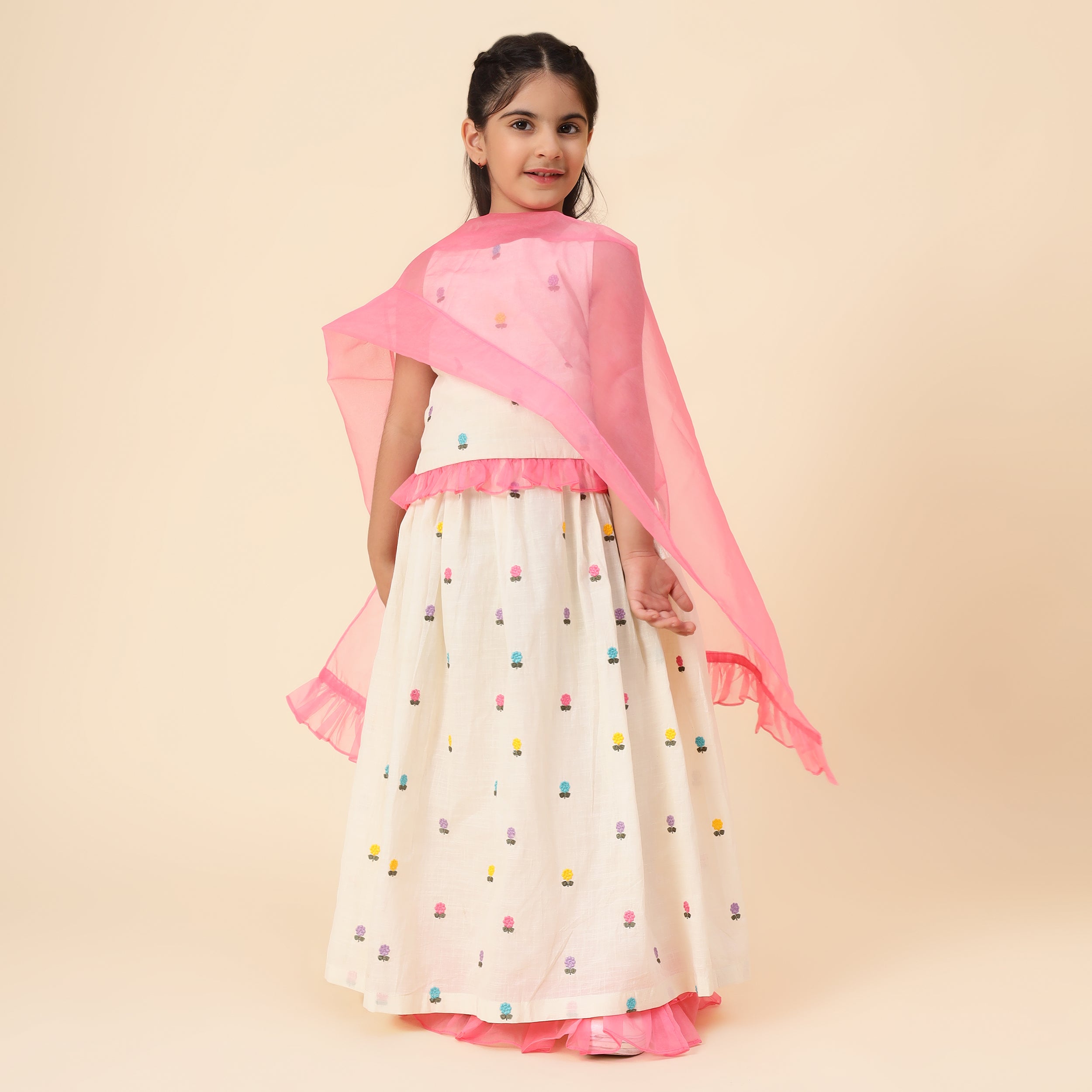 Pure Cotton Embroidery Work Lehenga - White and Pink