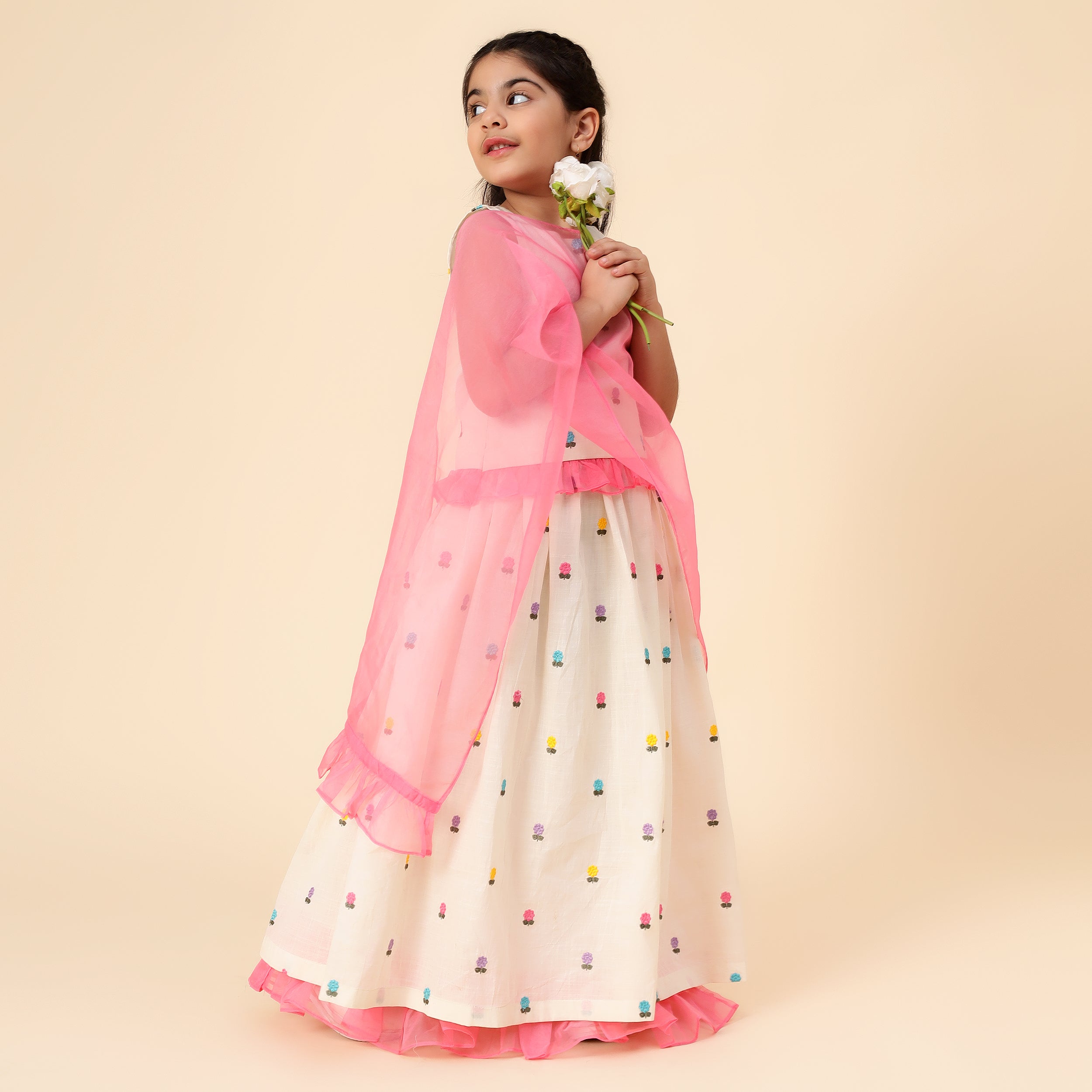 Pure Cotton Embroidery Work Lehenga - White and Pink