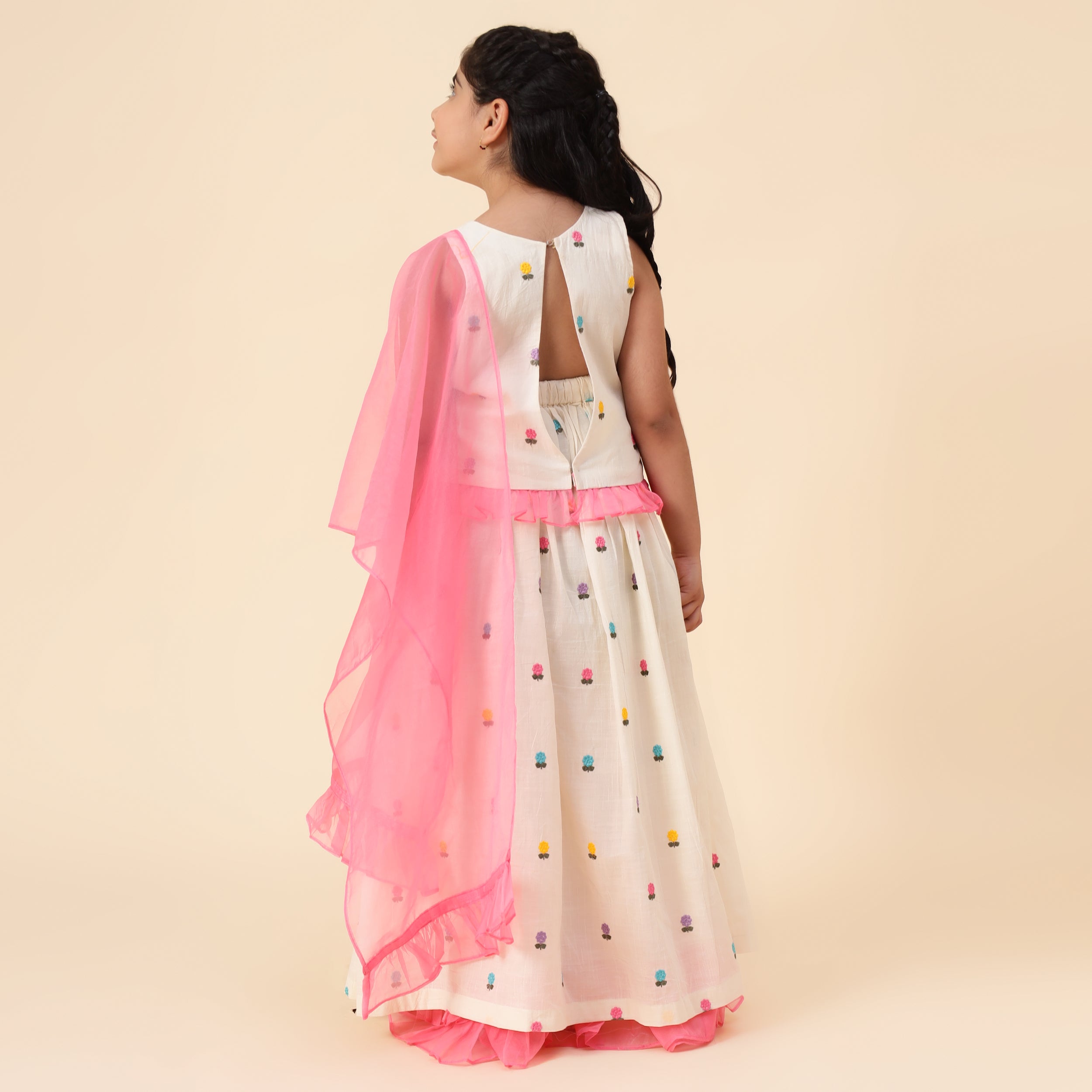 Pure Cotton Embroidery Work Lehenga - White and Pink