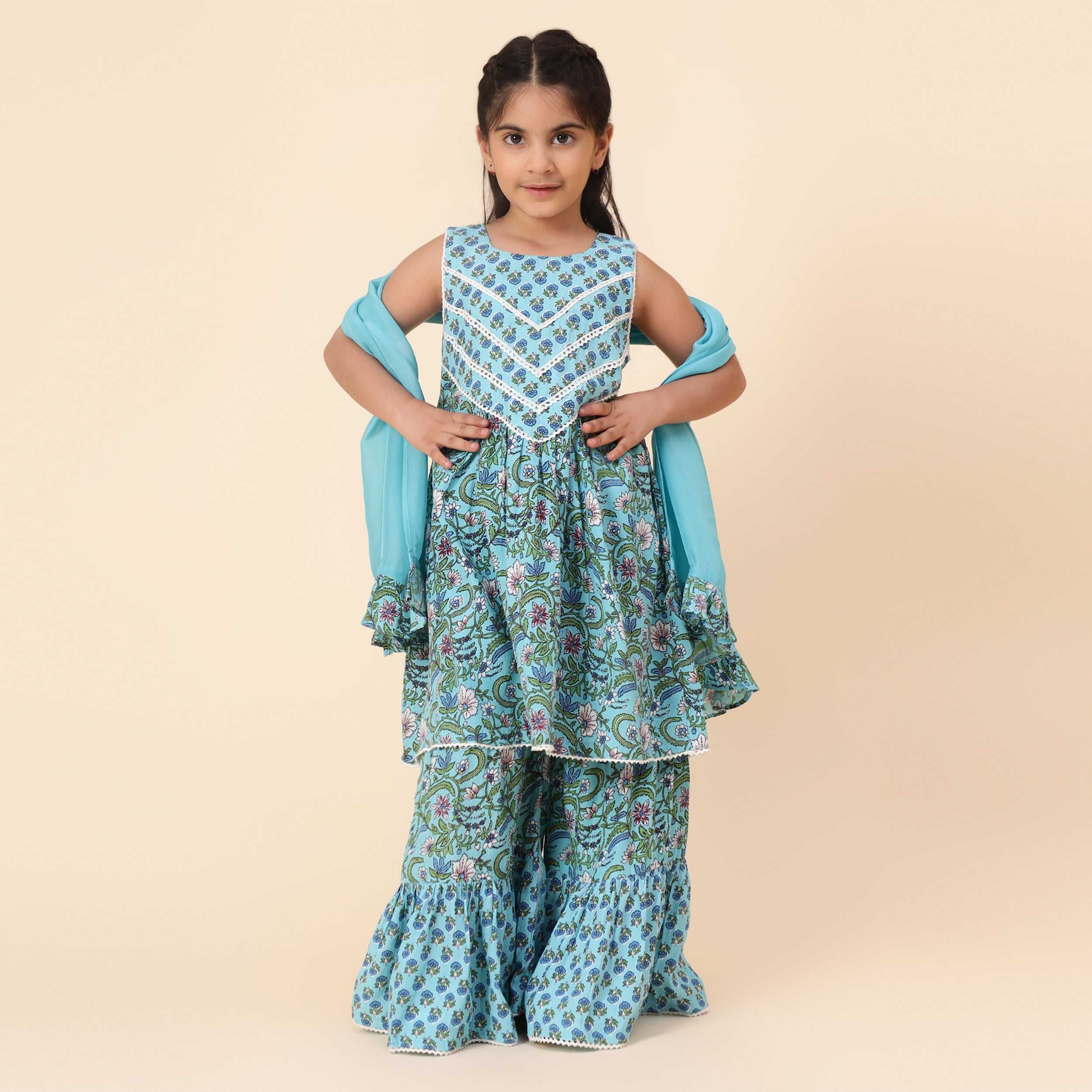 Pure Cotton Blue Printed Sharara Set with Dupatta