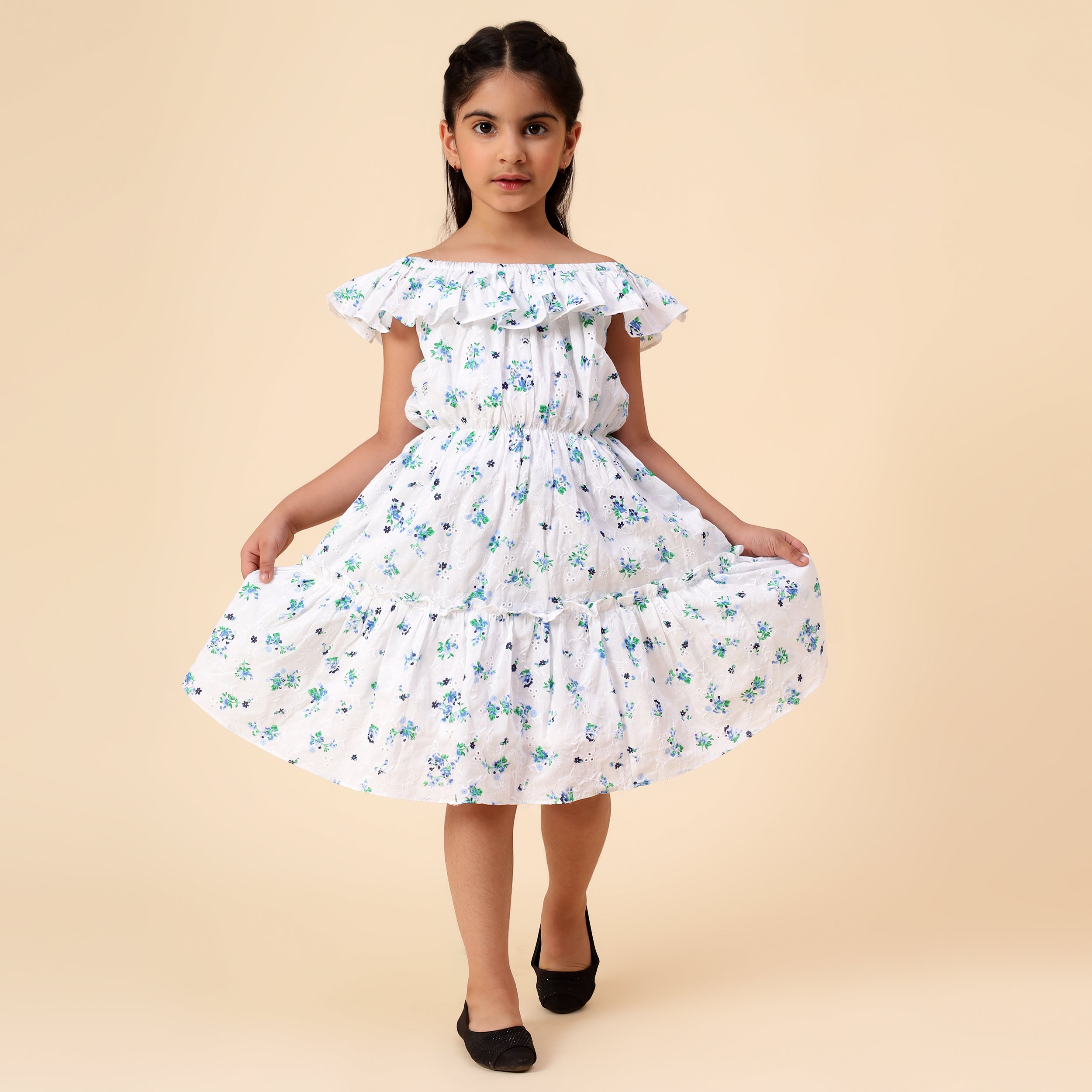 Cotton Flower Printed White Frock