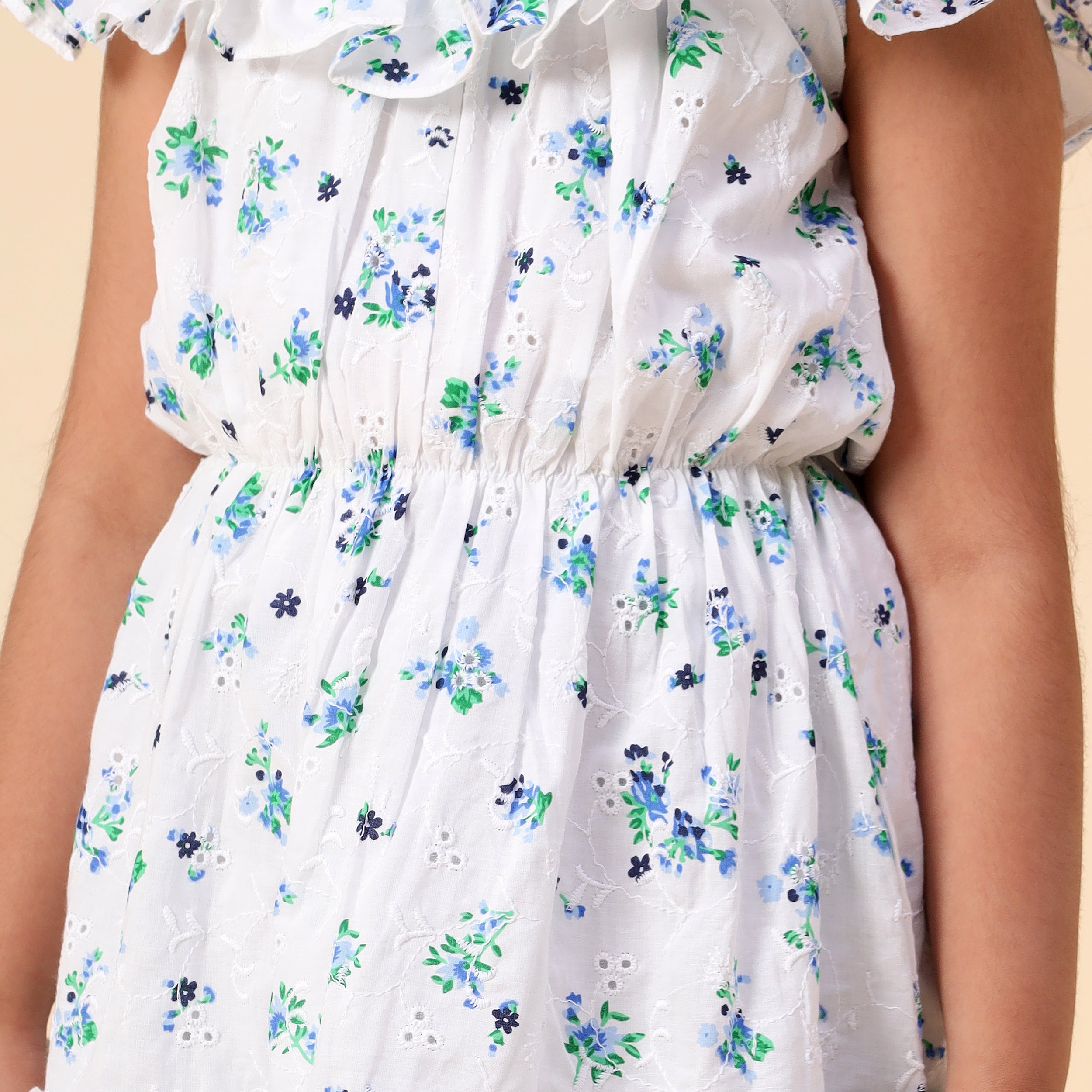 Cotton Flower Printed White Frock